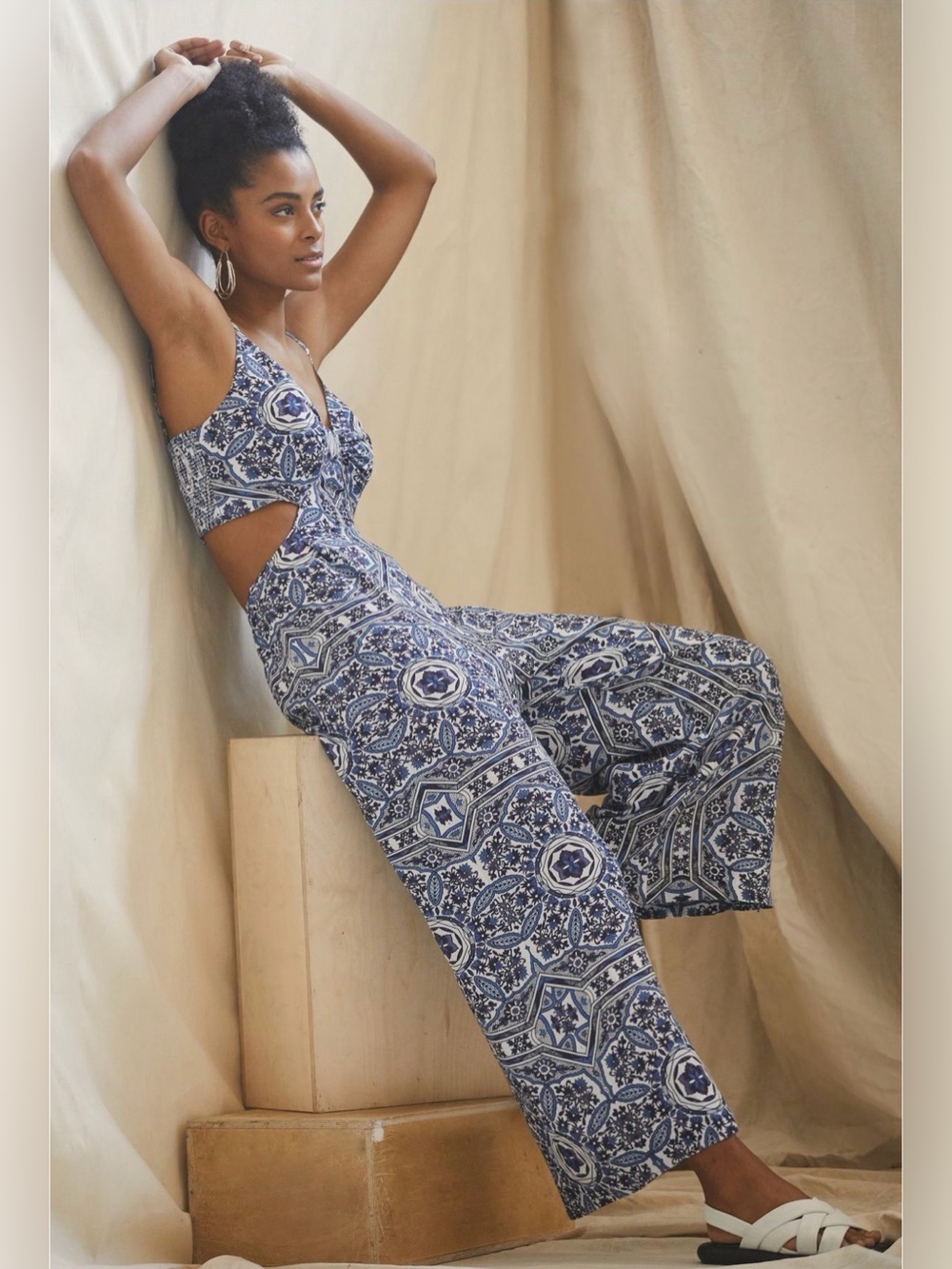 Ranna Gill Blue Printed Cutout Wide-Leg Jumpsuit